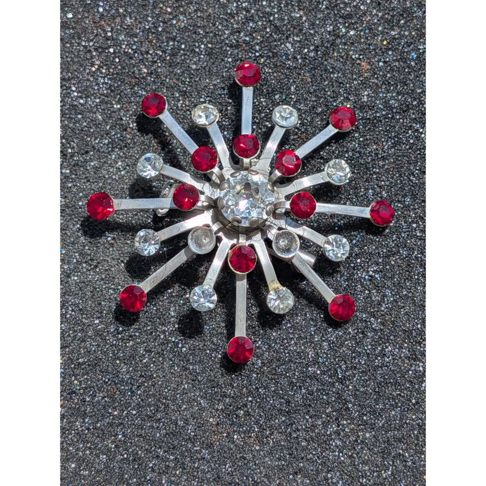 Vintage Rhinestone Starburst Pin Brooch Red & Clear Stones Silver Tone Sparkle